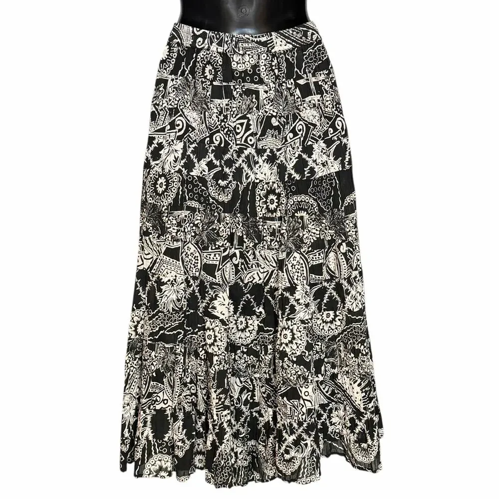 Orvis Bohemian Black White Floral Abstract Paisley Tiered Midi Skirt Cotton L